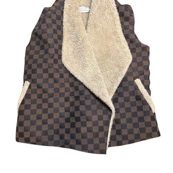 Judith March Brown Fleece Lined Vest Designer Faux Fur Checkered Design Size S - Picture 5 of 8